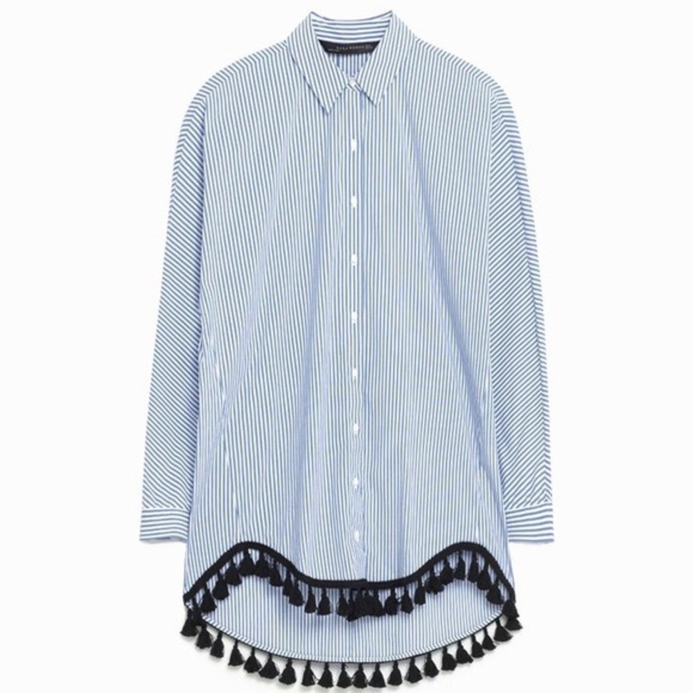 ZARA Pin Stripe Button Down with Pom Tassels
